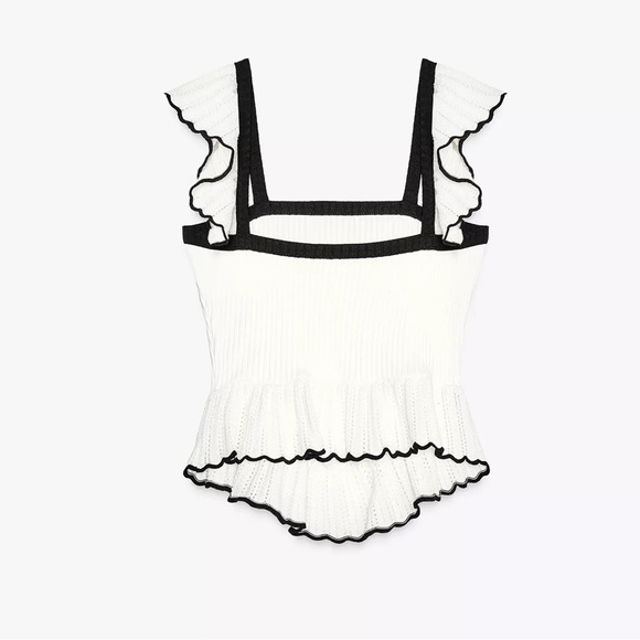 NWT Zara Women’s Contrast Ruffle Top in white with black trim, sz M - Picture 4 of 16